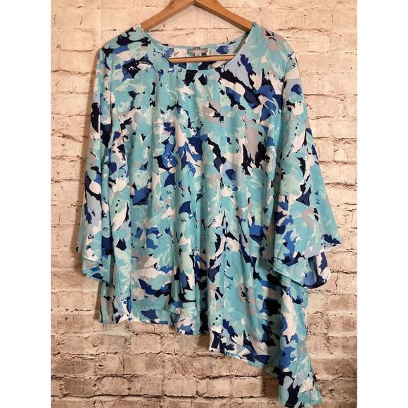 Catherines Top Womens 1XWP Turquoise Floral Flared Sleeve Asymmetric Hem Flowy - Picture 1 of 13